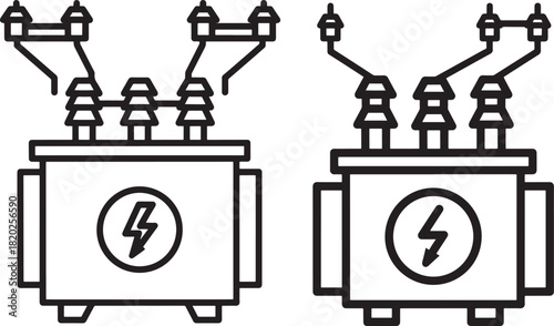 Two electrical power transformers in silhouette