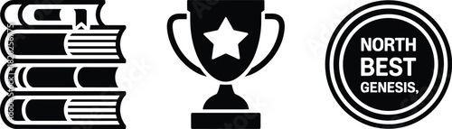 Stack of books trophy and circular badge with text pile reading