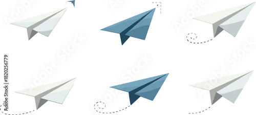 Six paper airplanes in white and blue with dashed flight paths origami travel