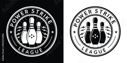 Retro bowling emblem featuring three pins and lightning bolts, labeled power strike league, in black and white