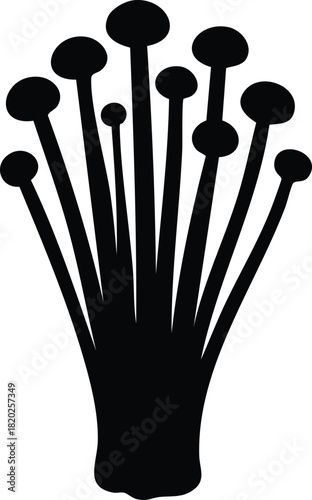 Black silhouette illustration of a cluster of enoki mushrooms with long thin stems and small round caps