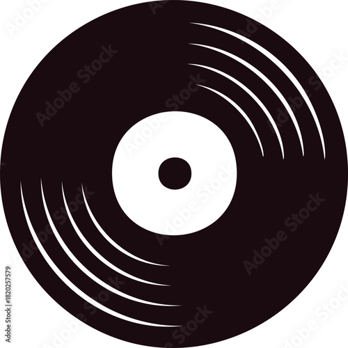 Black and white graphic icon representing a vinyl record or music disc with grooves
