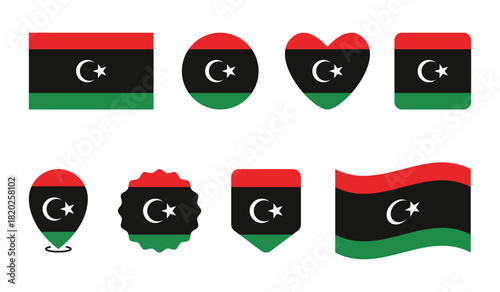 Independence day displays eight different shapes of the flag of libya celebrating national pride.