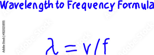 Bright handwritten “Wavelength to Frequency Formula” graphic showing λ = v/f in bold blue text, ideal for educational physics, science, and classroom materials.
