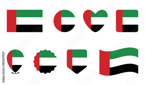 Independence day celebrations highlight eight united arab emirates flags diverse shapes and patriotic pride.