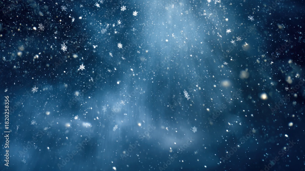 Naklejka premium A snow-covered landscape with a blue sky and white snowflakes falling, creating a serene and wintry atmosphere.