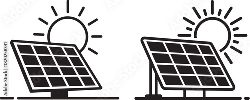 Two solar panels and sun icons silhouette
