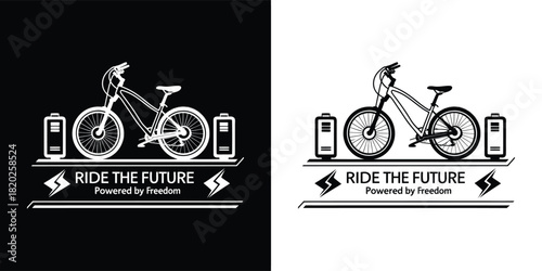 Electric bicycle with charging stations and lightning bolts, text ride the future on black and white backgrounds