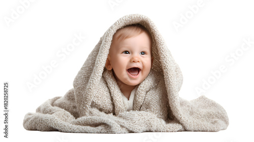 Happy baby wrapped in a cozy blanket isolated on transparent background