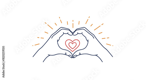 Minimalist line art illustration featuring hands making a heart gesture surrounded by radiating light, embodying love, unity, and kindness.