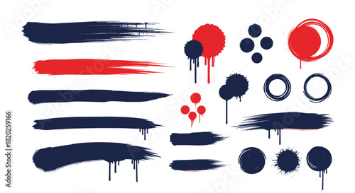 A versatile collection of red and dark blue grunge paint strokes, splatters, and drips, perfect for design elements and artistic backgrounds.