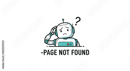A confused robot character scratching its head under a question mark, illustrating a 'page not found' (404) error on a clean white background.