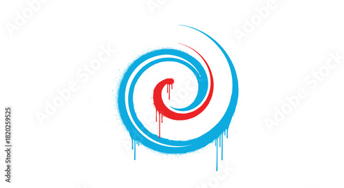 Dynamic illustration of intertwined blue and red spirals with a grunge spray paint effect and drips, evoking urban art and energetic movement.