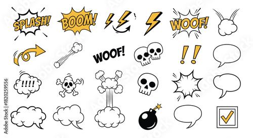 Vibrant collection of cartoon and comic book style sound effects, speech bubbles, action elements, and expressive symbols, ideal for illustrations and animations.