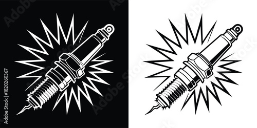 Spark plug with electrical sparks and lightning bolts, black and white illustration