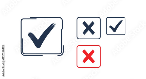 Hand-drawn checkmark and cross symbols in square boxes, rendered with a brush stroke effect, ideal for user interface design elements.