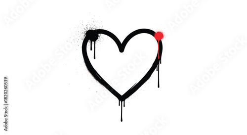 A striking heart outline created with black spray paint, showcasing characteristic drips and splatters, accented by small red paint marks.