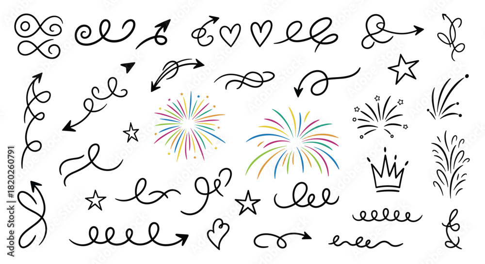 Naklejka premium Hand-drawn doodle elements collection featuring diverse arrows, decorative swirls, hearts, stars, festive fireworks, and a crown, ideal for creative projects.