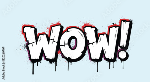 A vibrant graffiti style word art with a surprising exclamation of wow in bold white letters and splashes of red and black ink.
