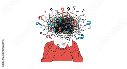 Conceptual illustration of a person experiencing mental overload, anxiety, and confusion, with a chaotic swirl of thoughts and question marks.