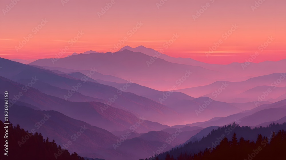 Obraz premium Layered mountain ranges display soft purple and pink hues during a tranquil sunset