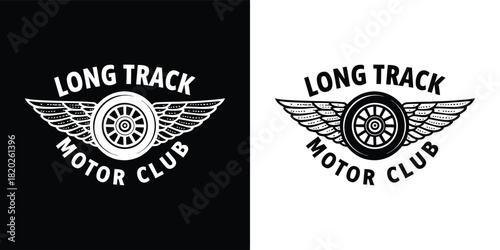 Vintage long track motor club emblem with wings and wheel, presented in both black on white and white on black versions for versatile design use
