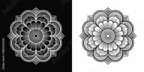 Vintage ornate floral mandala pattern, black and white illustration
