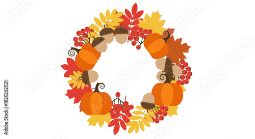 Vibrant autumn harvest wreath illustration featuring pumpkins, colorful fall leaves, berries, and acorns, perfect for seasonal decorations and festive designs