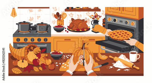 A cozy kitchen scene with hands preparing a pumpkin, a roasted turkey, and a pie for a festive autumn meal.