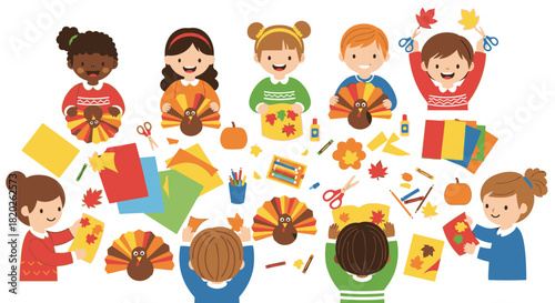 Children engaged in a fall craft activity, creating Thanksgiving decorations with colorful paper and autumn leaves