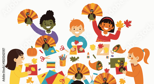 Children happily crafting Thanksgiving turkey fans and autumn leaf art at a table.