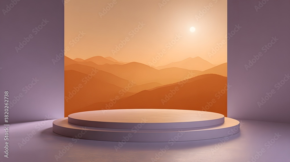 Fototapeta premium Minimalist stage setting features circular display pedestals against a layered mountain vista illuminated by a bright orb