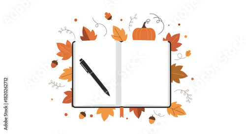 An open notebook with a pen lies on a white background surrounded by autumn leaves and a pumpkin.