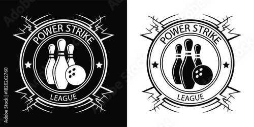 Dynamic bowling emblem with three pins, a ball, and lightning, reading power strike league, in black and white