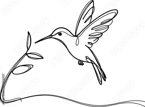 Black line art hummingbird hovering near a plant flying