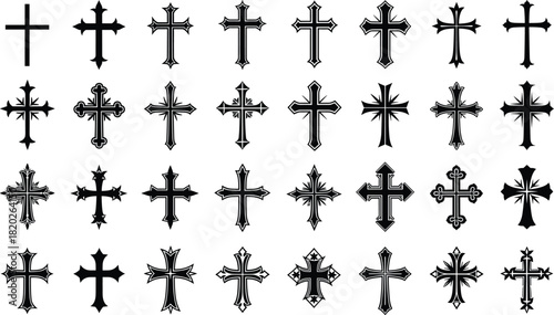 Large Variety Pack of Detailed Religious Crosses Vector Icons for Spiritual and Tattoo Designs