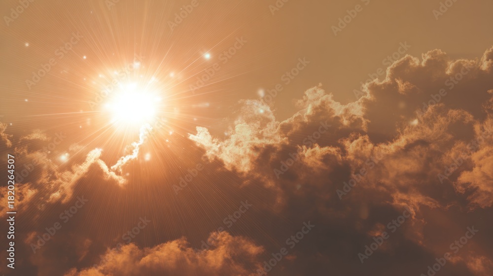 Fototapeta premium A radiant sun shines through fluffy clouds, creating a dramatic interplay of light and shadow in a warm, golden atmosphere.