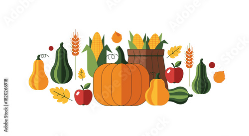 Autumn harvest illustration with a central pumpkin, gourds, corn, apples, and wheat stalks.