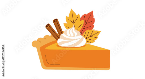 A slice of delicious pumpkin pie topped with whipped cream and cinnamon sticks, decorated with autumn leaves.