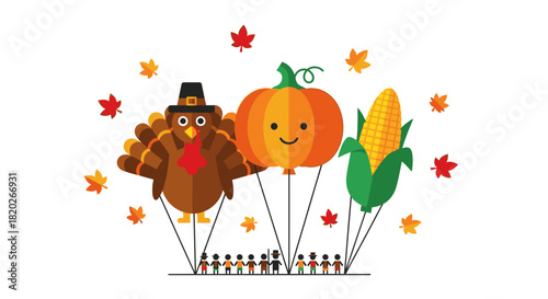 Thanksgiving parade with giant balloons of a turkey, pumpkin, and corn, surrounded by autumn leaves and small parade participants.