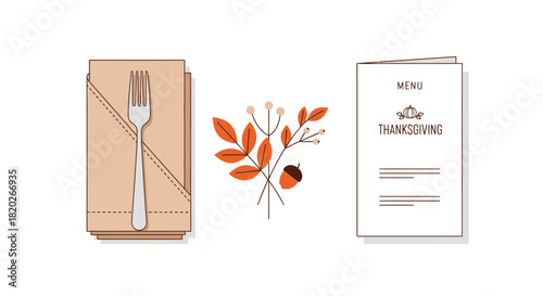 Thanksgiving-themed image featuring a folded napkin with a fork, a floral arrangement, and a menu.