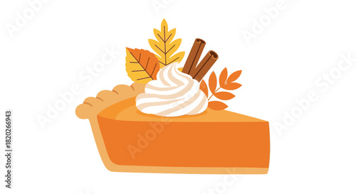 A slice of pumpkin pie topped with whipped cream, cinnamon sticks, and autumn leaves.