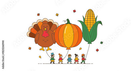 A Thanksgiving parade featuring a turkey, pumpkin, and corn balloon, with children holding the strings.