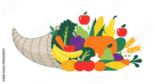 A colorful illustration of a cornucopia overflowing with various fruits and vegetables.