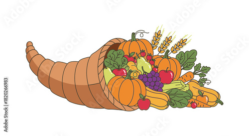 An illustrated cornucopia, or horn of plenty, overflowing with a bountiful autumn harvest of fruits and vegetables.