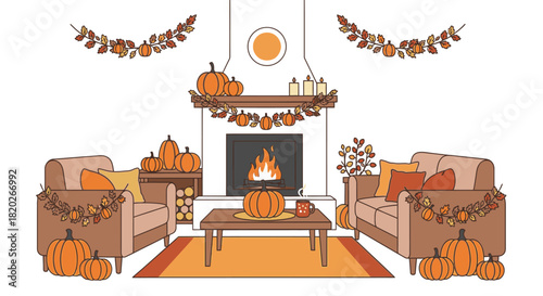 Cozy autumn living room interior with fireplace, pumpkins, and fall decorations.