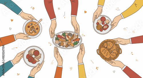 A diverse group of hands holding various dishes of food in a circular arrangement, symbolizing sharing and community.