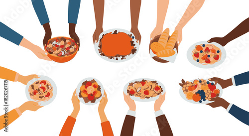 Diverse hands sharing various dishes in a communal meal setting, symbolizing unity and food sharing among different people.
