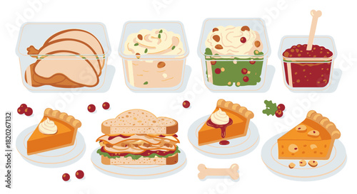 Thanksgiving dinner illustration featuring turkey, mashed potatoes, cranberry sauce, sandwich, and pumpkin pie.
