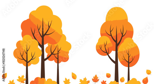Stylized illustration of autumn trees with falling leaves in warm orange and yellow hues.